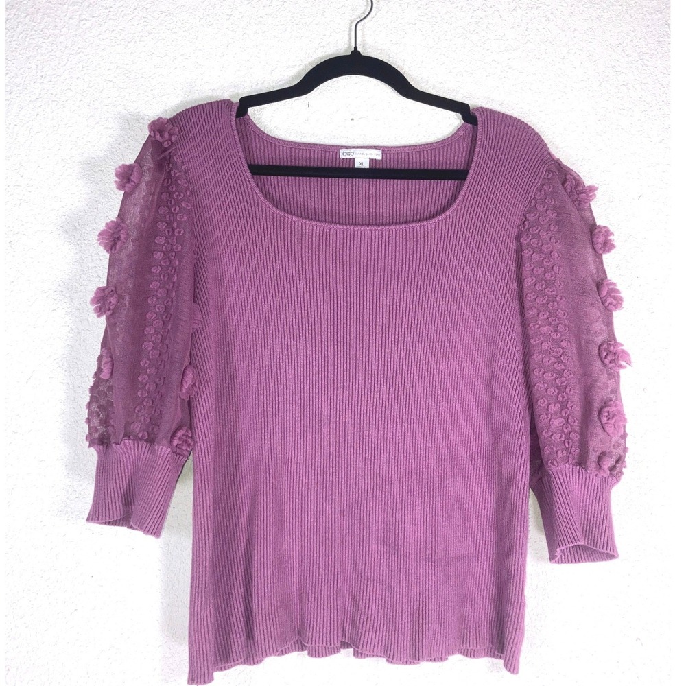 Cato Womens XL Purple Ribbed Knit Square Neck Sheer Floral Puff Sleeve Sweater